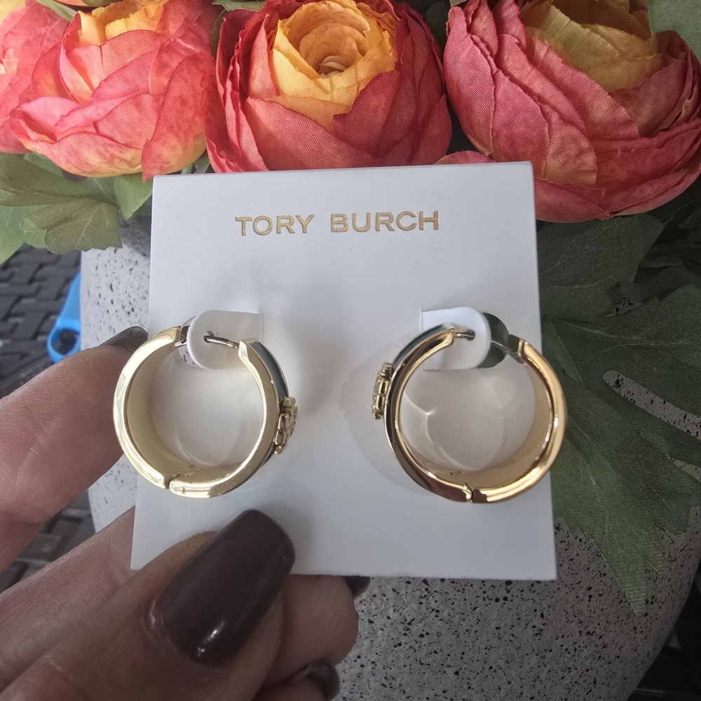 Tory Burch Gold and Dark Green Hoop Earrings - Picture 3 of 4